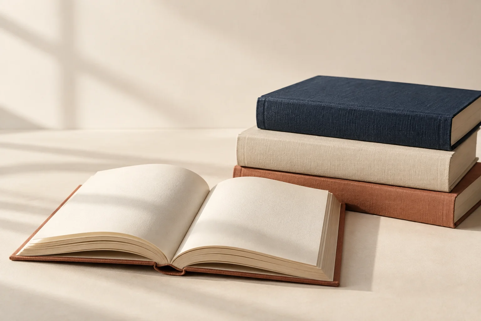 Clothbound books in navy, cream and terracotta, with an open book in soft window light.